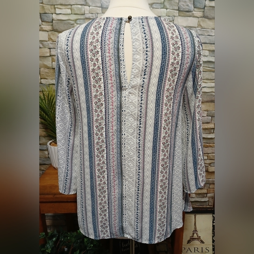 Alya Floral Striped Abstract Flowy Blouse Top Large Whimsigoth - Picture 3 of 5